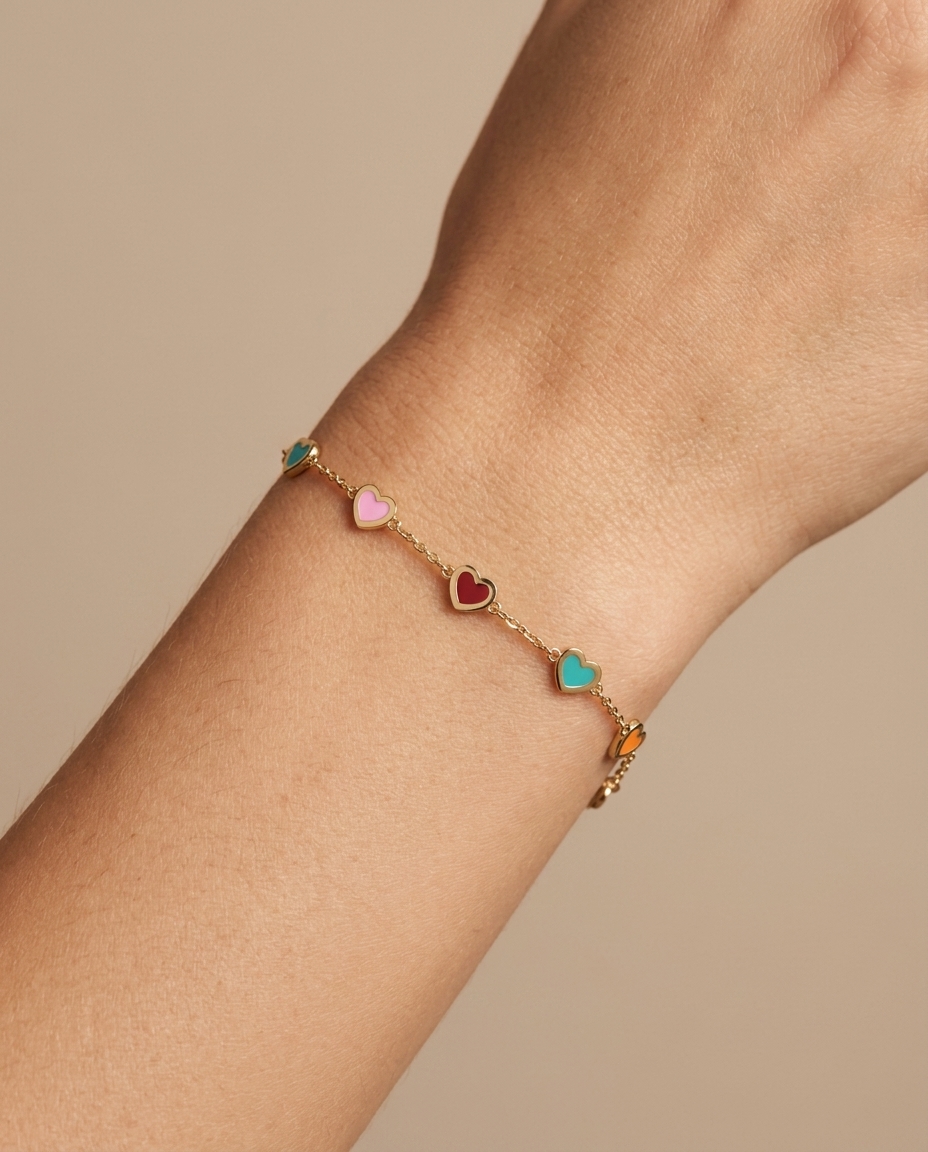 14KT Gold Enamel Heart Bracelet on model