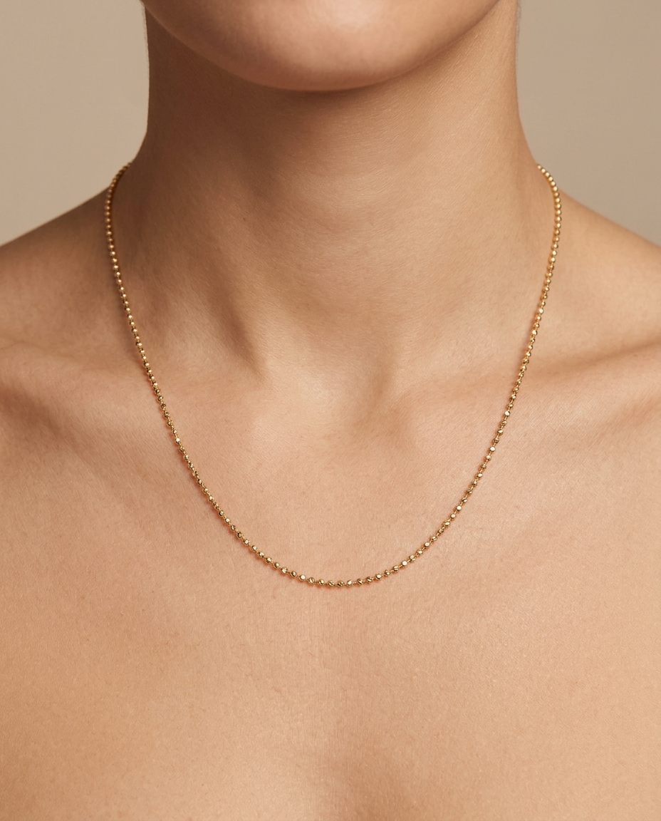 14KT Gold Diamond Cut Ball Chain Necklace on model
