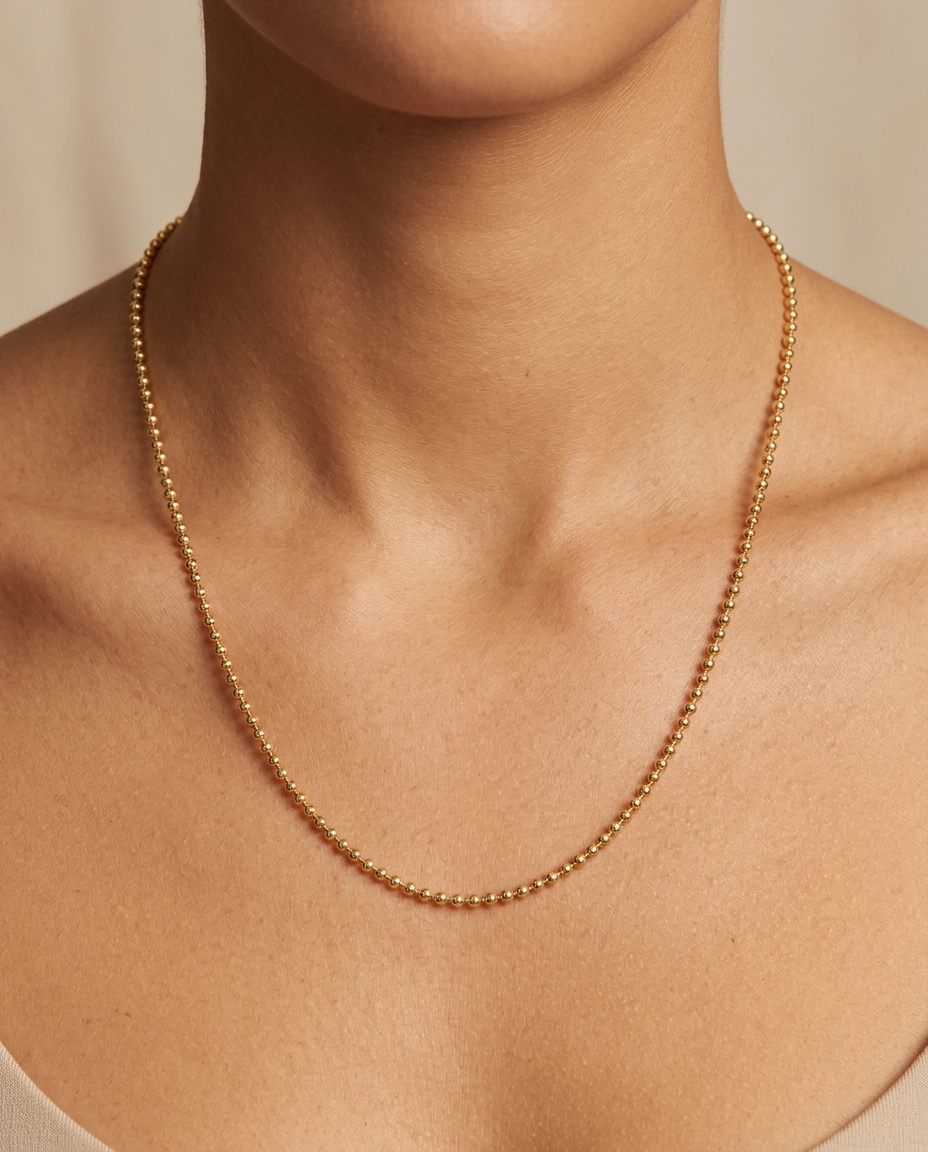 14KT Gold 1.3 MM Ball Chain Necklace on model