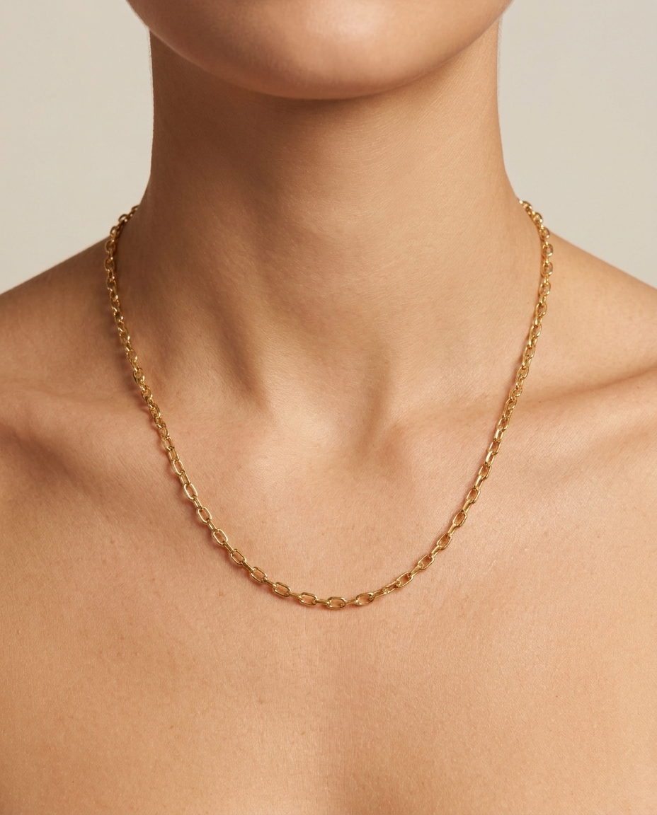 14KT Gold Paperclip Necklace on model