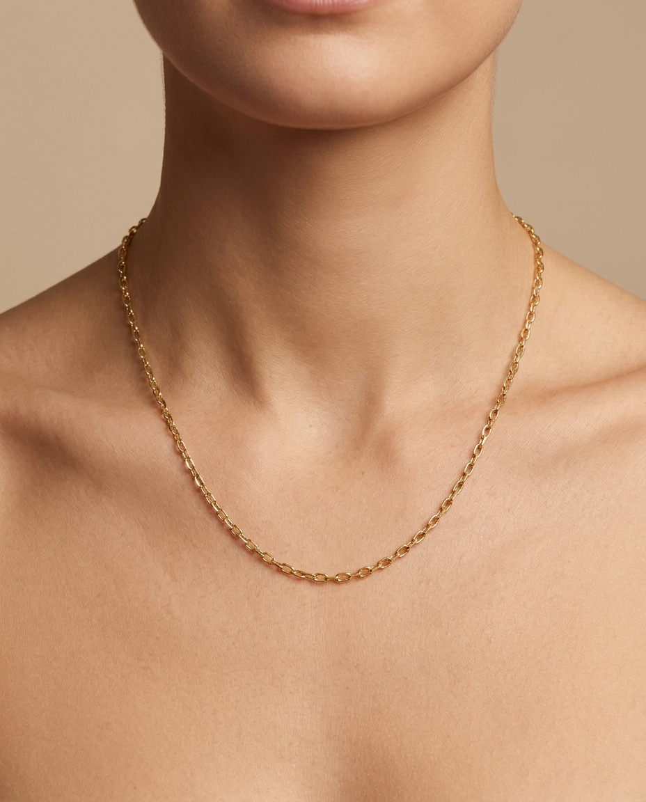 14KT Gold Paperclip Necklace on model