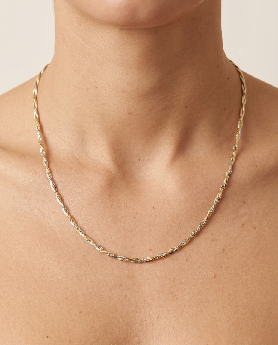 14KT Two Color Gold Twisted Necklace on model