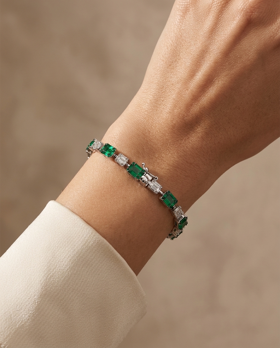 18KT Gold Emerald & Diamond Baguette Bracelet on model