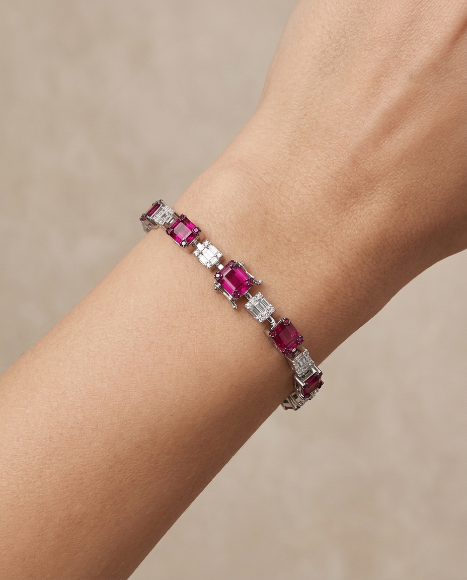 18KT Gold Ruby & Diamond Baguette Bracelet on model