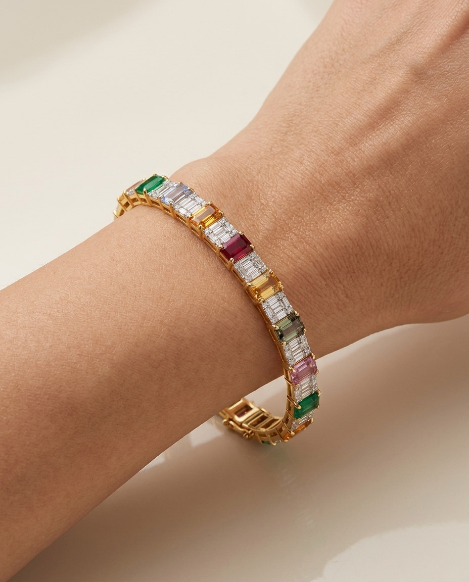 18K Yellow Gold EMERALD, RUBY, Multi Sapphire and Diamonds Bangle on model