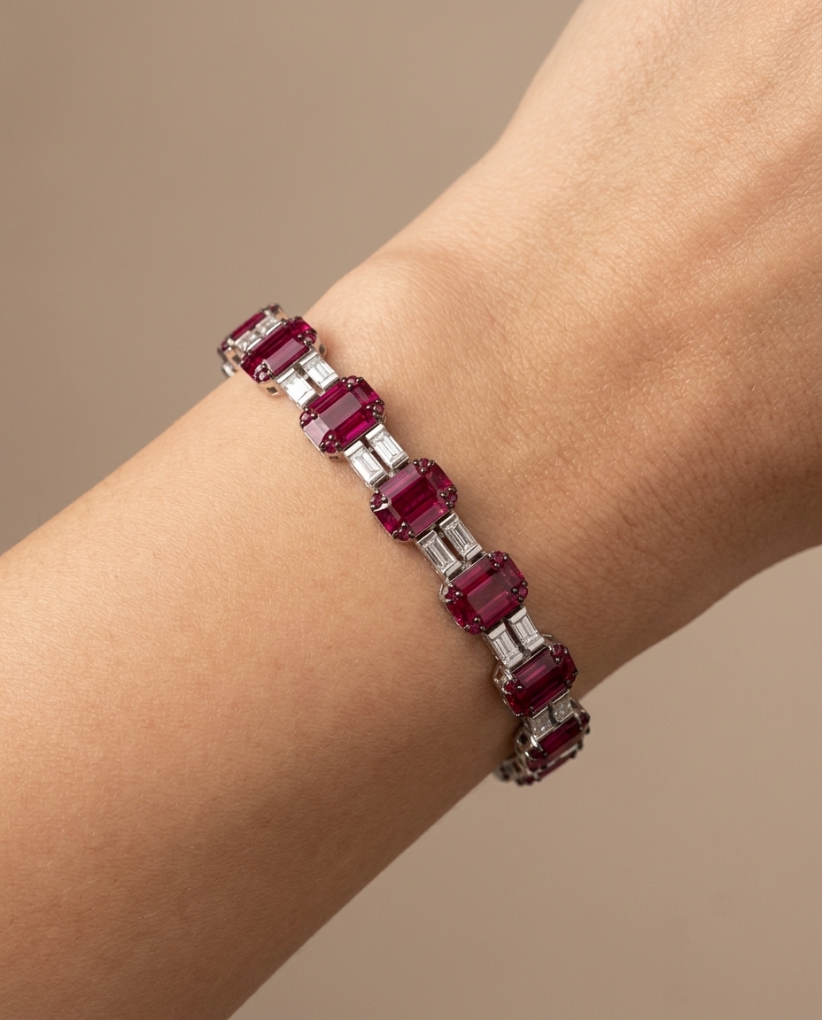 18K White Gold Ruby and Diamond Bracelet on model