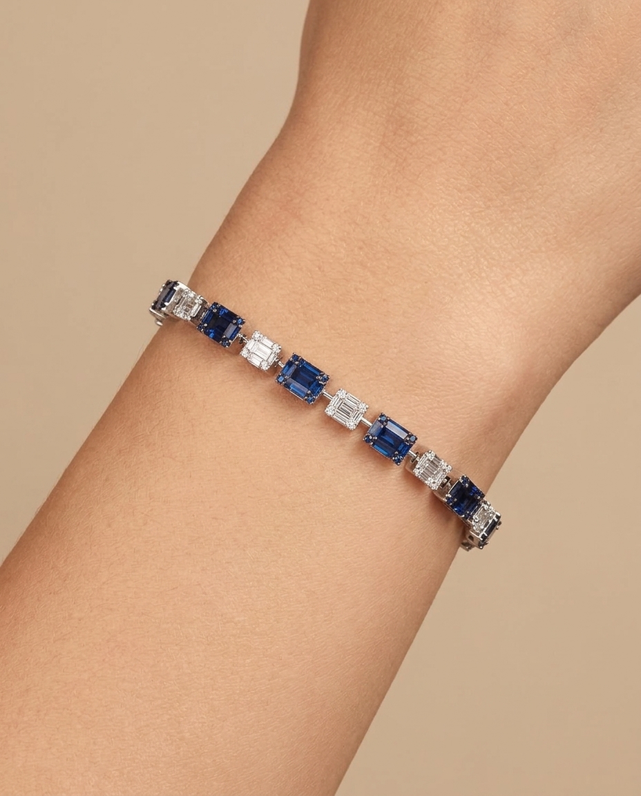 18KT White Gold Blue Sapphire & Diamond Baguette Bracelet on model