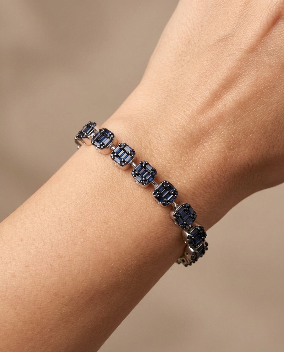 14KT White Gold Blue Sapphire Bracelet on model