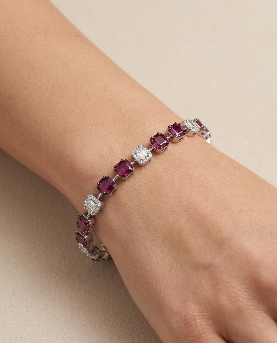 14KT White Gold Ruby and Diamonds Tennis Bracelet on model