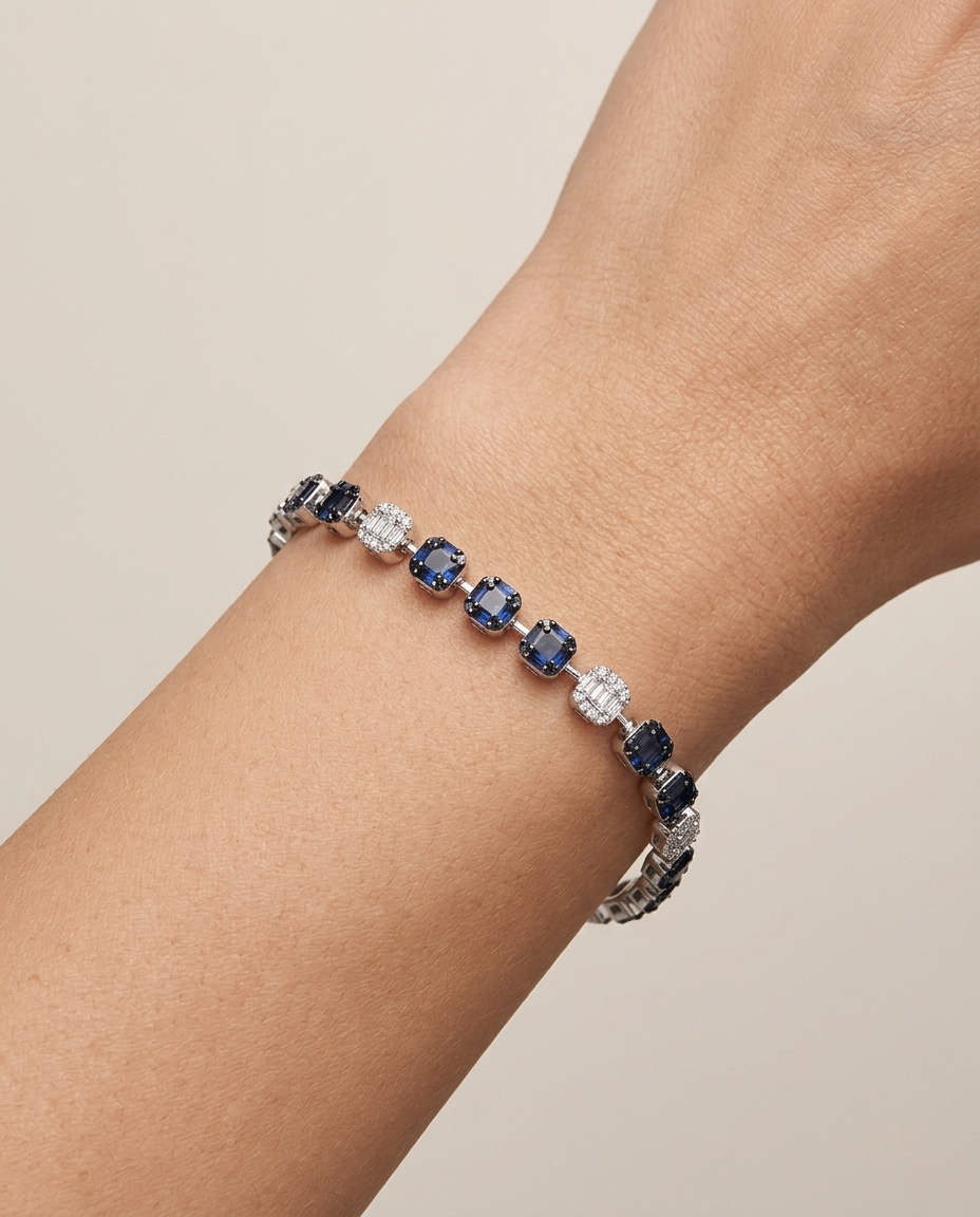 14KT White Gold Sapphire and Diamonds Tennis Bracelet on model