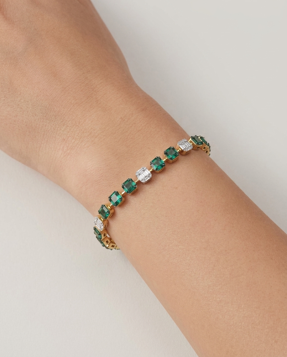 14KT Yellow Gold Emerald and Diamonds Tennis Bracelet on model