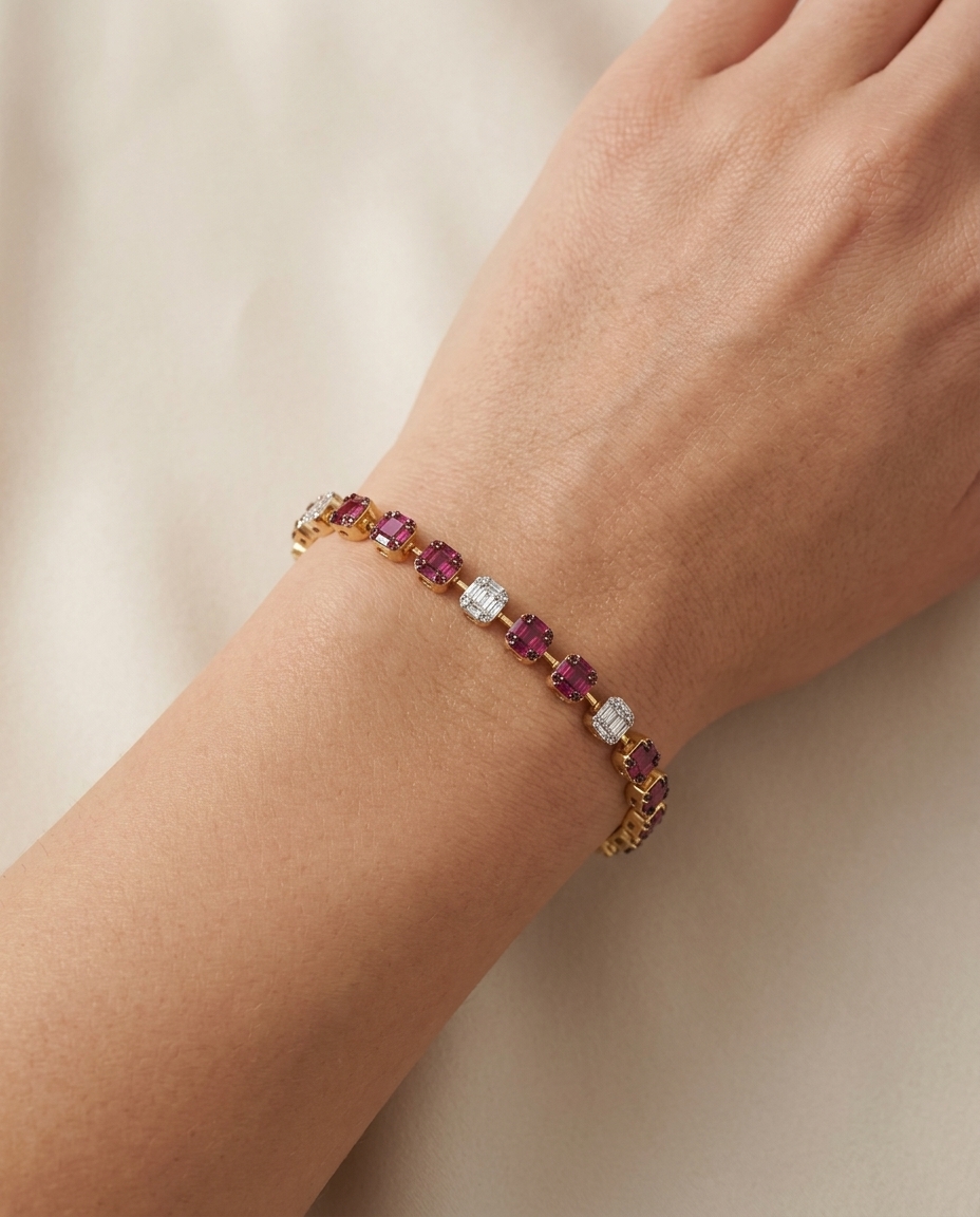 14KT Yellow Gold Ruby and Diamonds Tennis Bracelet on model