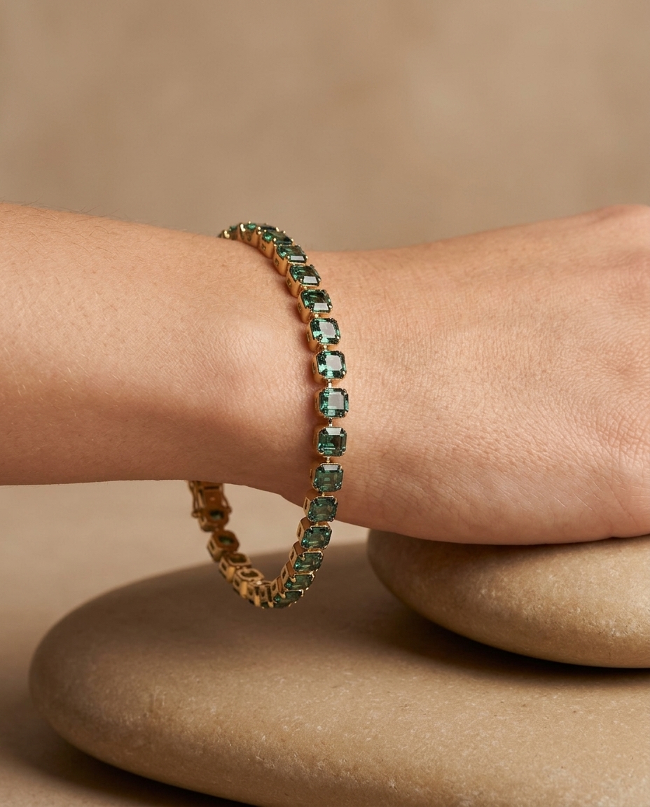 14KT Yellow Gold Emerald Bracelet on model
