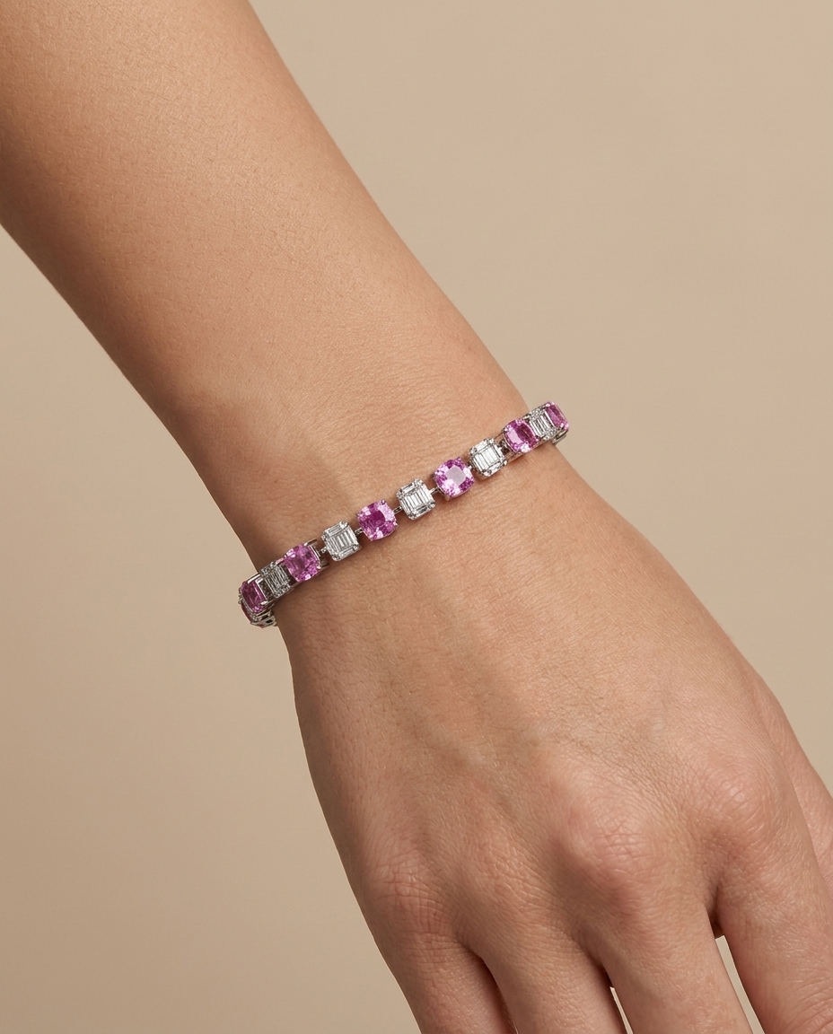 18KT White Gold Pink Sapphire and Diamonds Bracelet on model