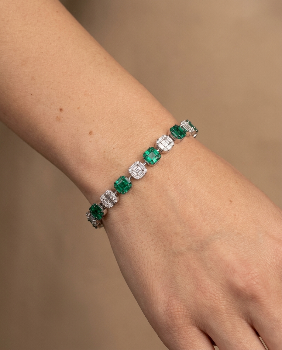 18KT White Gold Emerald & Diamond Baguette Bracelet on model