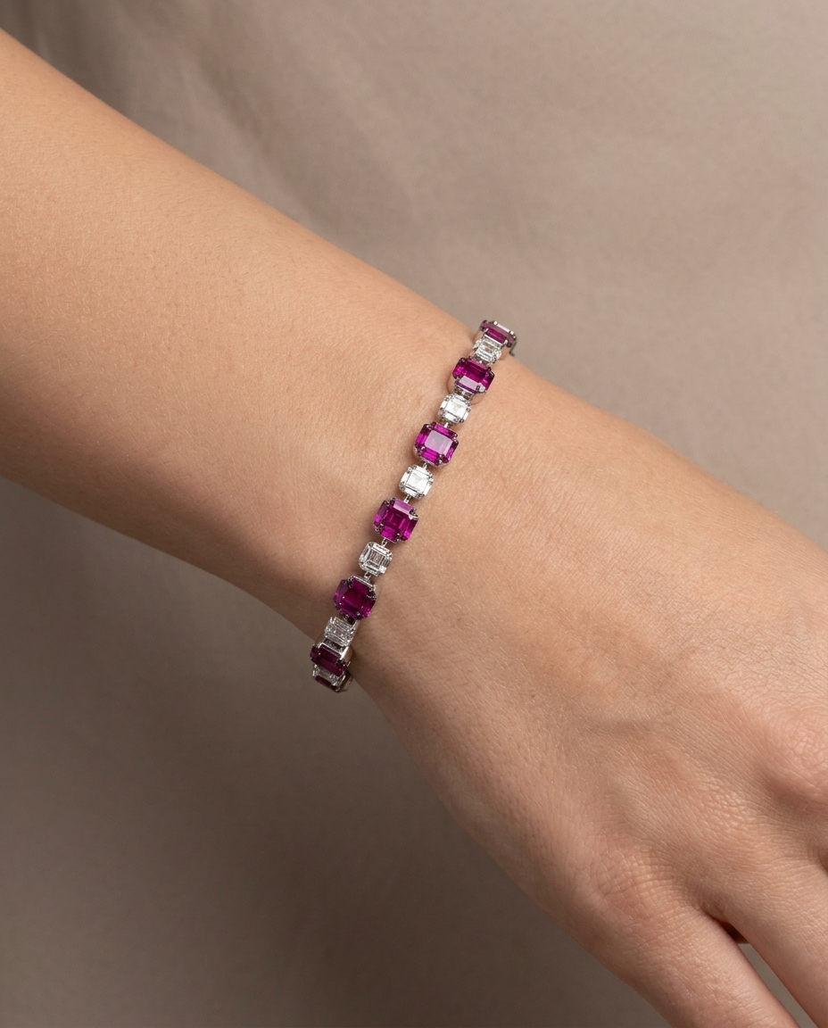 18KT Gold Ruby & Diamond Baguette Bracelet on model