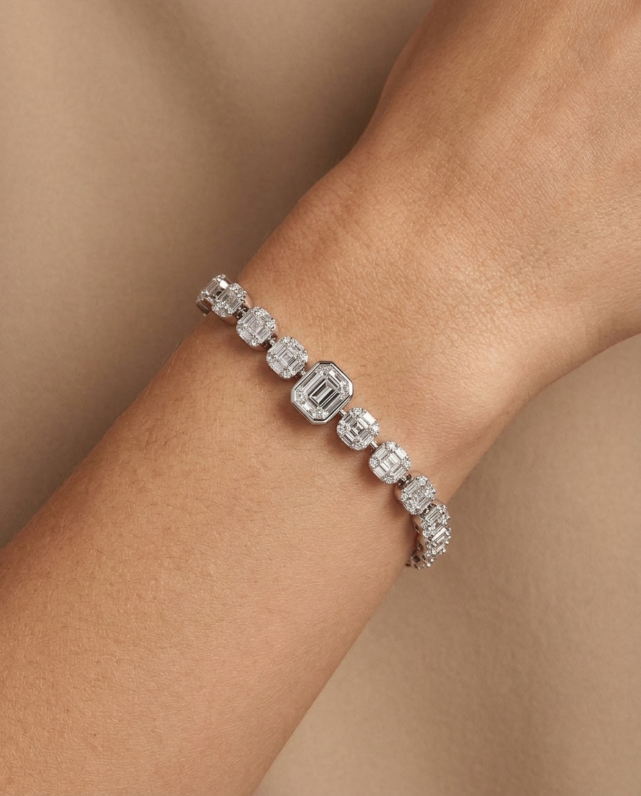 18KT White Gold Diamond Baguette Bracelet on model