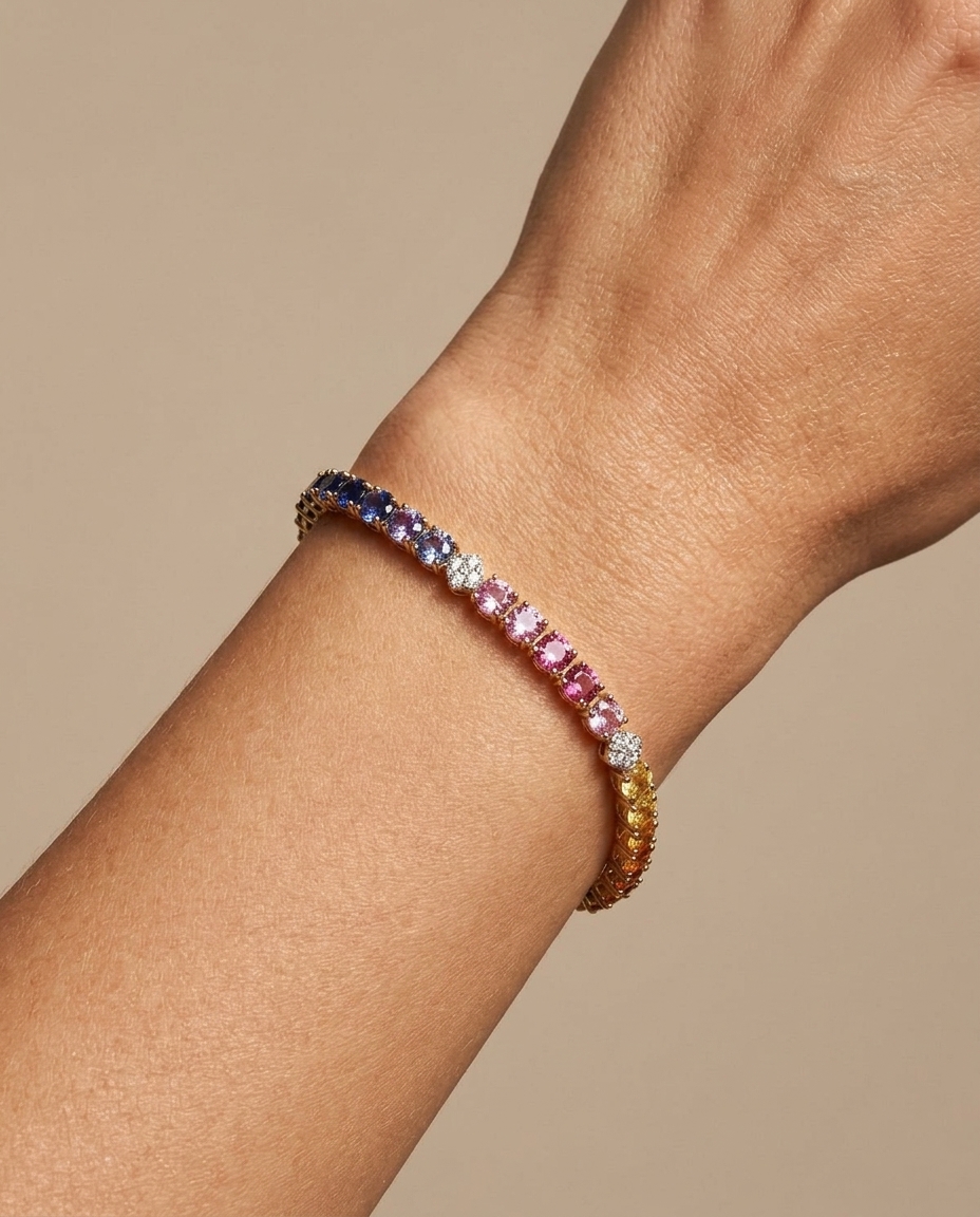 18K Yellow Gold Multi Sapphire and Diamonds Bracelet on model