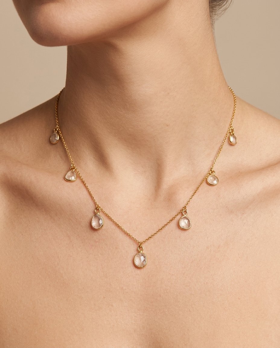 18KT Gold Diamond Slice Cut Necklace on model