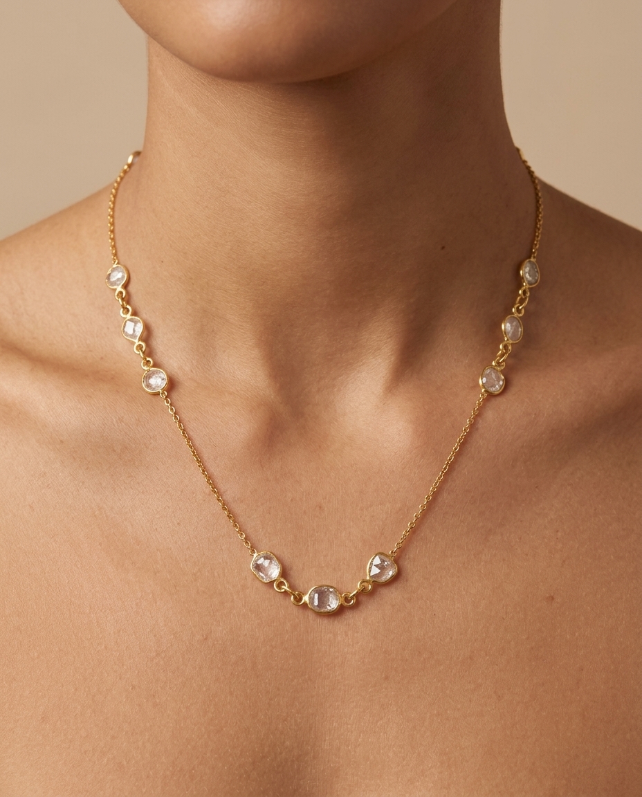 18KT Gold Diamond Slice Cut Necklace on model