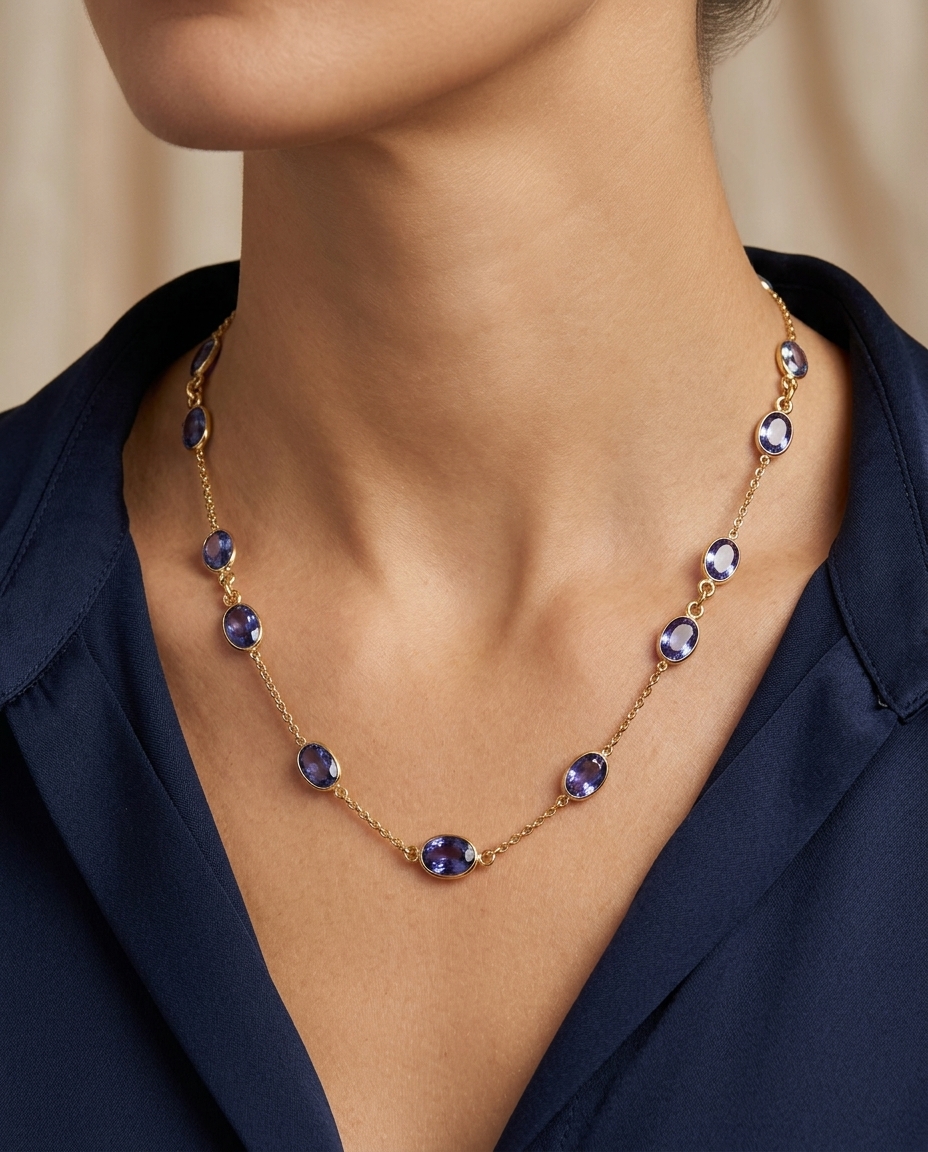 18KT Gold Bezeled Tanzanite Oval Shape Necklace on model