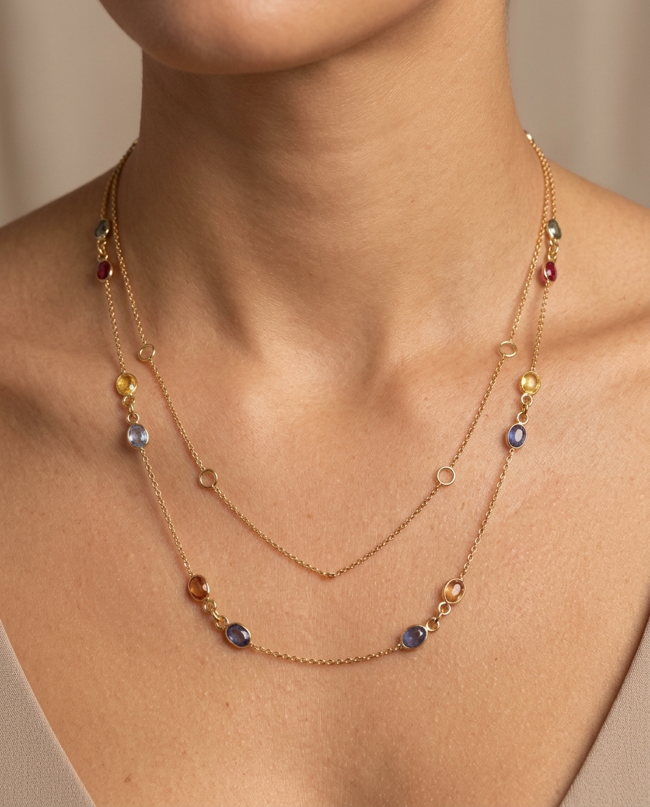 18KT Gold Bezeled Multi-Sapphire Oval Necklace on model