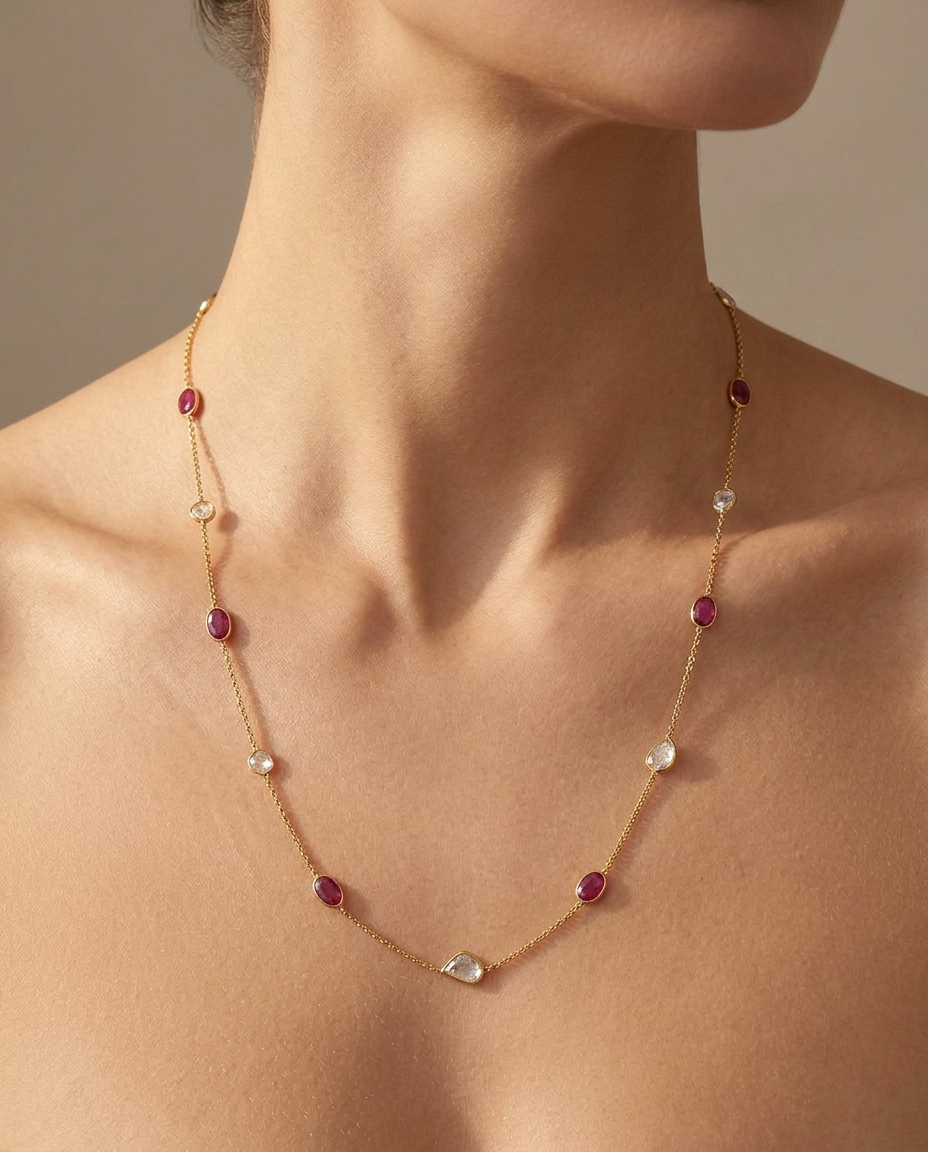 18KT Ruby and Diamond Slice Station Necklace on model