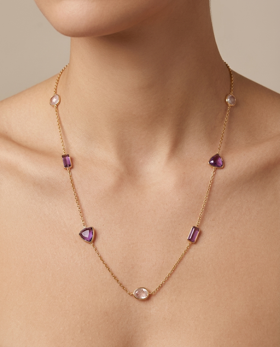 18KT Gold Bezeled Amethyst / Diamond Slice Cut Necklace on model