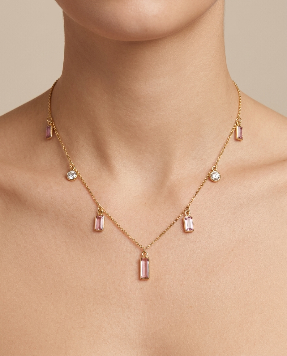 18KT Gold Bezeled Multi-Stone / Diamond Slice Cut Necklace on model