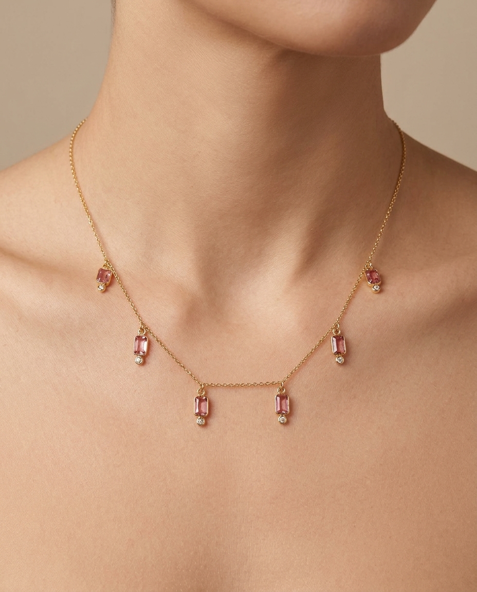 18KT Gold Bezeled Pink Tourmaline / Diamond Necklace on model