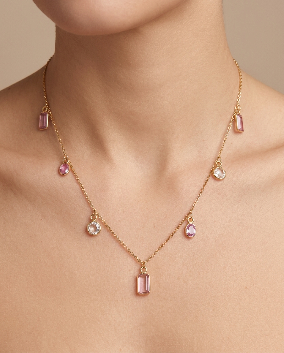 18KT Gold Bezeled Multi-Stone / Diamond Slice Cut Necklace on model