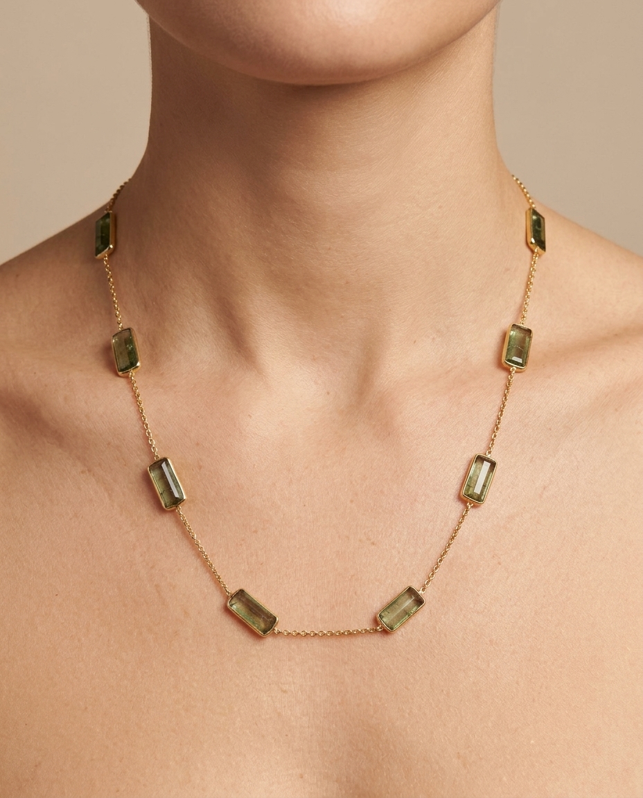 18KT Gold Bezeled Green Tourmaline Necklace on model