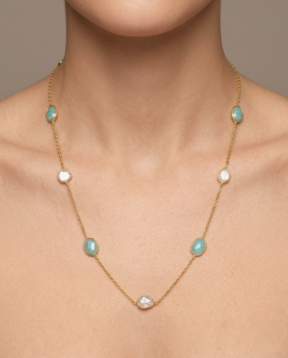 18KT Gold Bezeled Emerald / Diamond Slice Cut Necklace on model