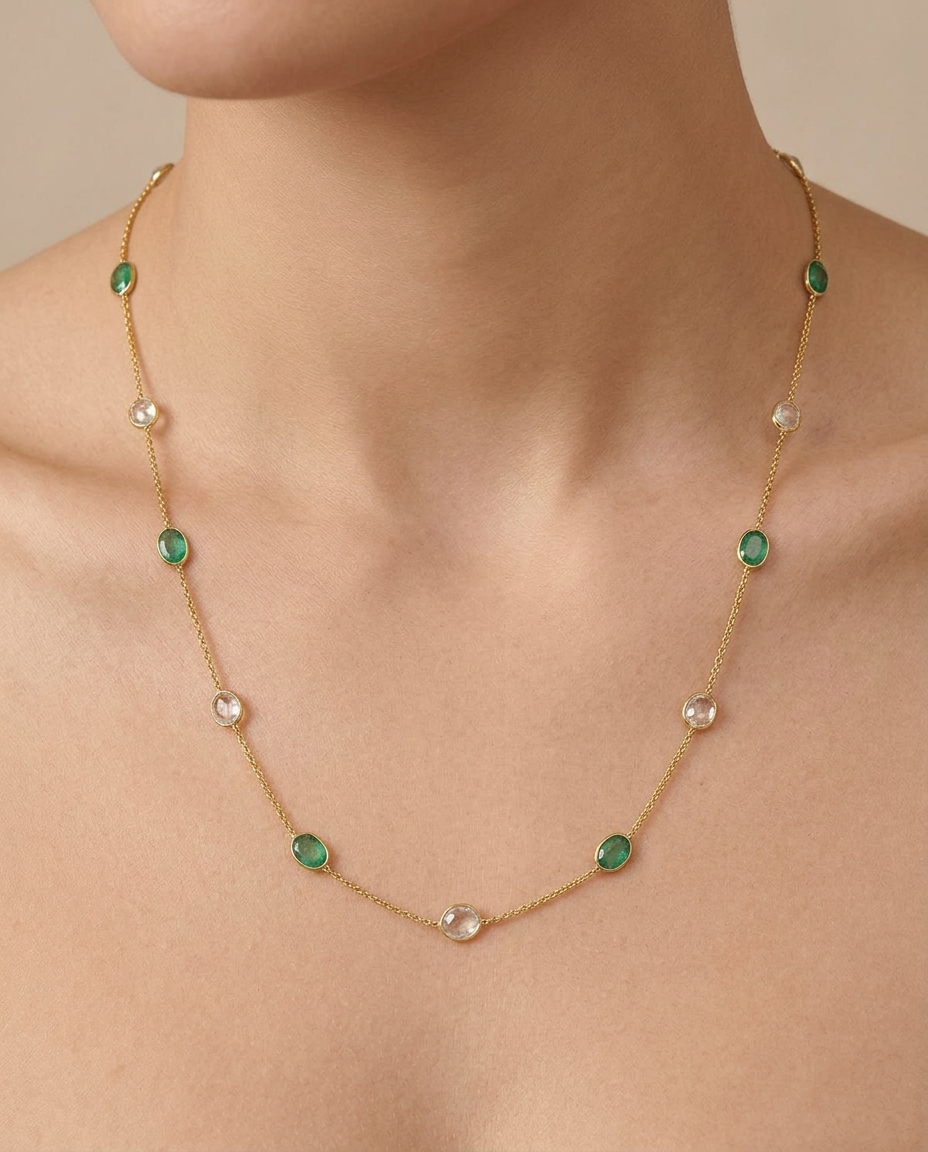 14KT Emerald and Diamond Slice Station Necklace on model