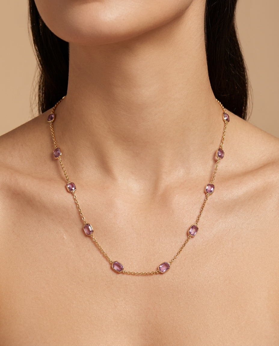 18KT Gold Bezeled Pink Sapphire Necklace on model