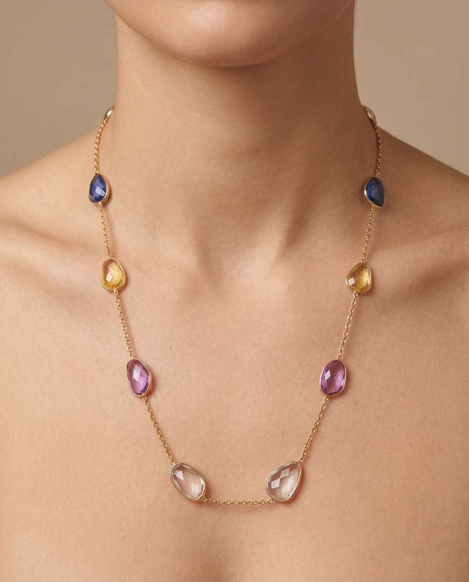 18KT Gold Bezeled Multi Sapphire Slice Cut Necklace on model