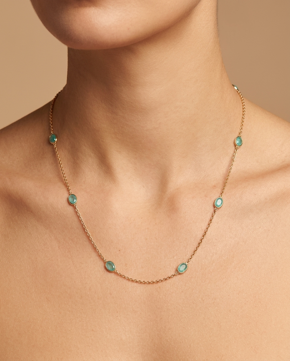 18KT Gold Bezeled Emerald Necklace on model