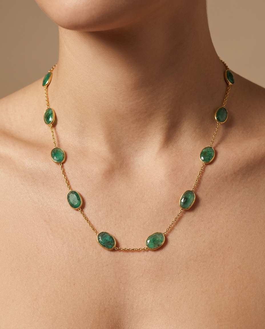 18KT Yellow Gold Bezeled Emerald Necklace 18INCH on model