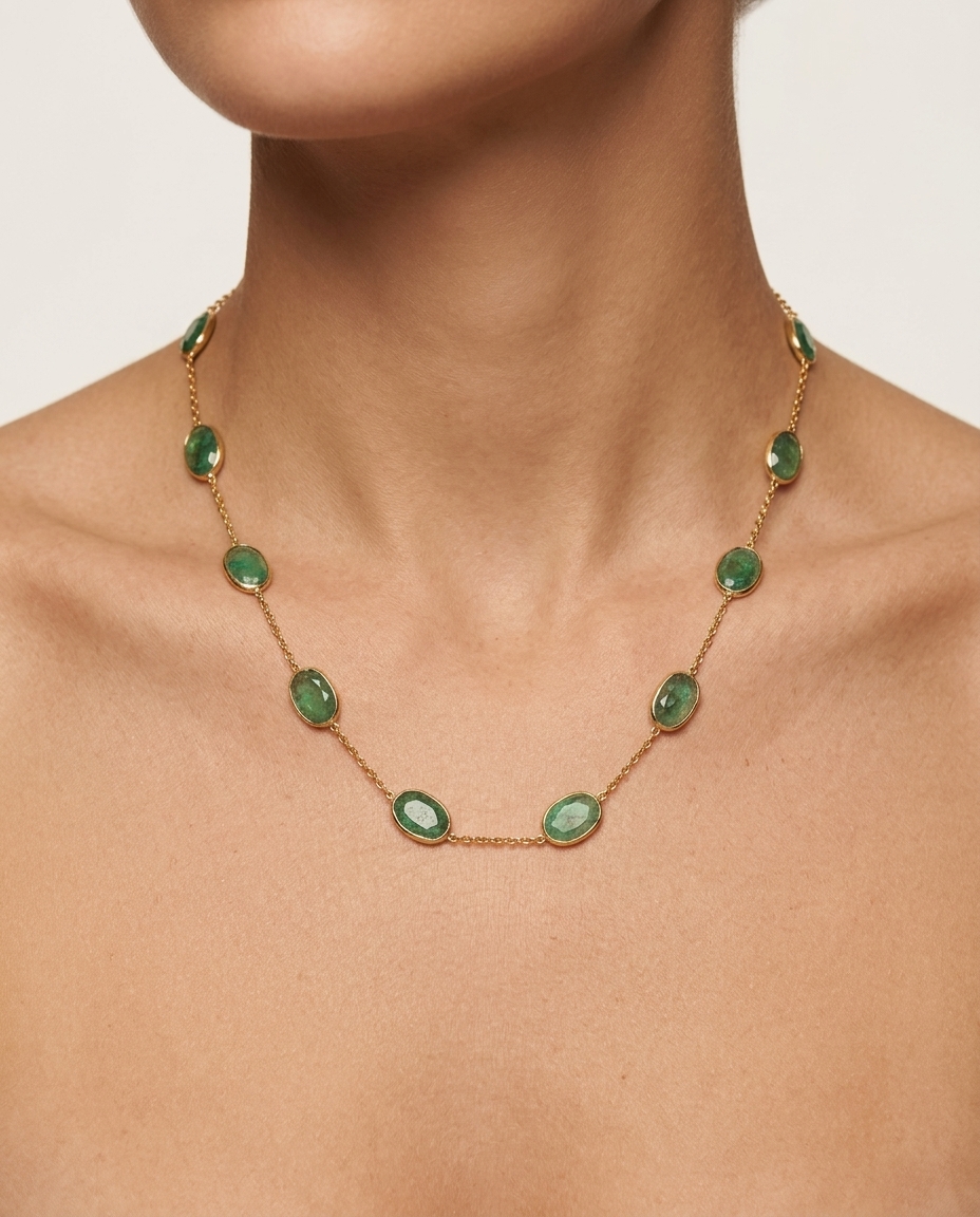 18KT Yellow Gold Bezeled Emerald Necklace 18INCH on model