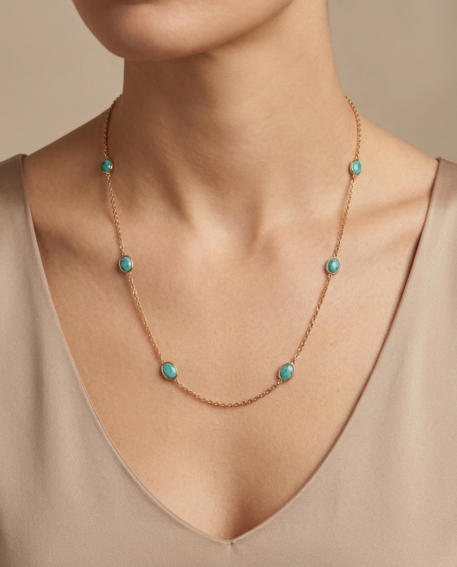 18KT Yellow Gold Bezeled Emerald Necklace 18INCH on model