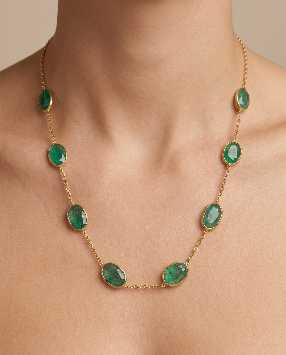 18KT Yellow Gold Bezeled Emerald Necklace 18INCH on model