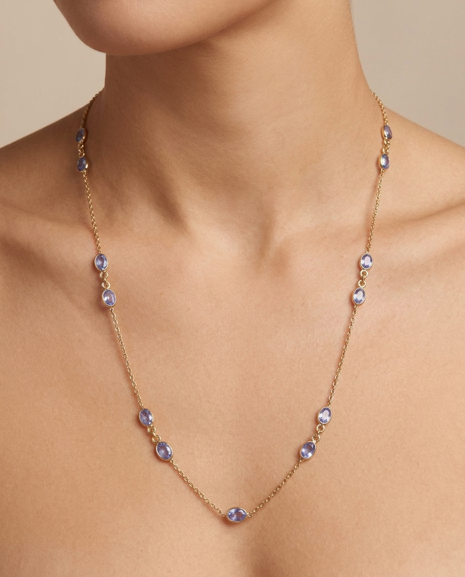 18KT Gold Bezeled Blue Sapphire Necklace on model