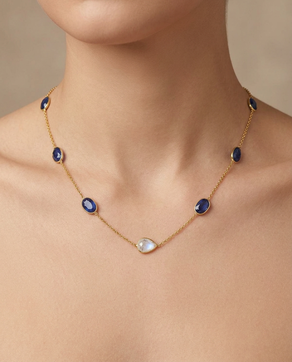 14KT Sapphire and Diamond Slice Station Necklace on model