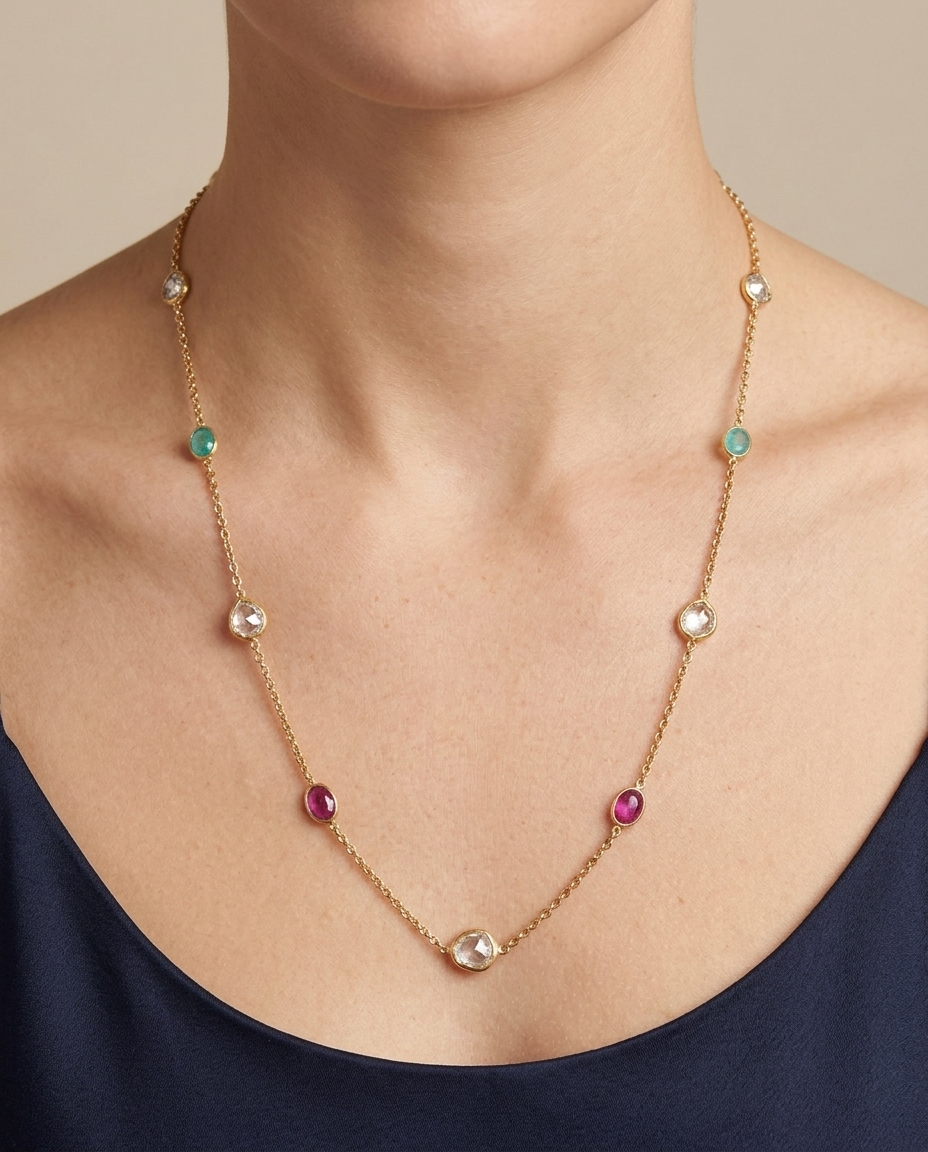 18KT Gold Bezeled Multi Sapphire Necklace on model