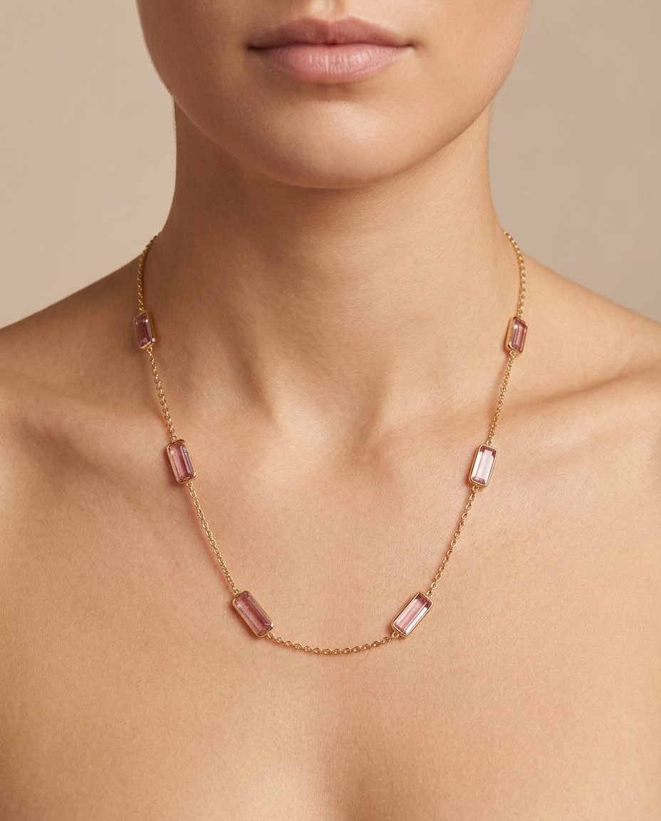 18KT Yellow Gold Bezeled Pink Tourmaline Necklace 9CT on model
