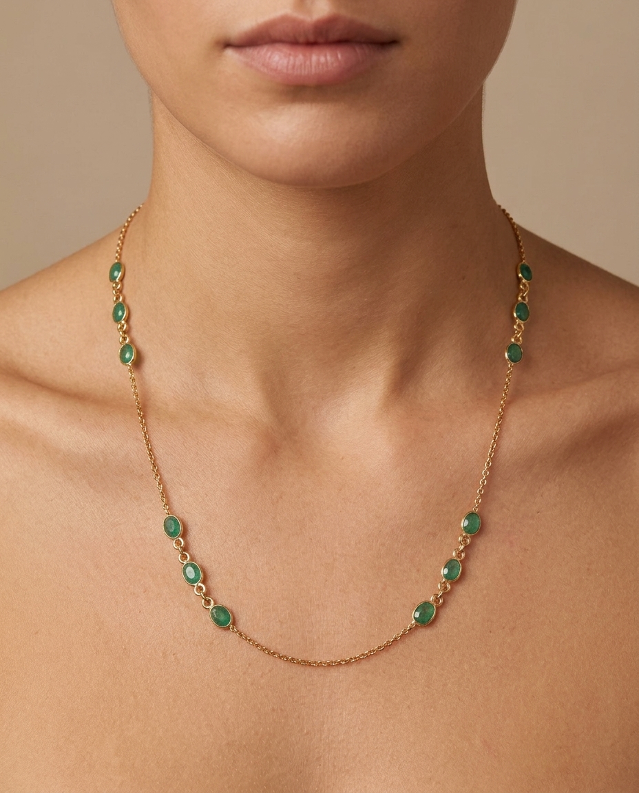 18KT Gold Bezeled Emerald Necklace on model