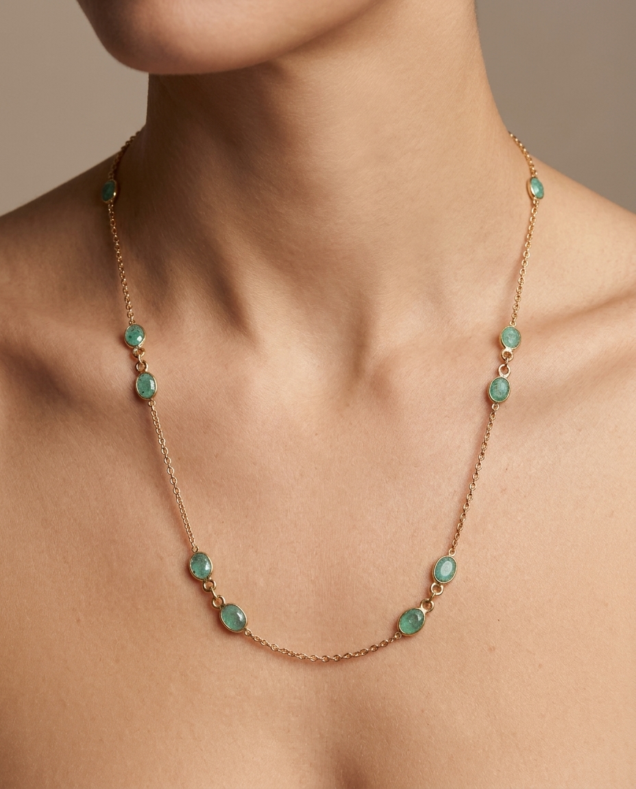 18KT Gold Bezeled Emerald Necklace on model
