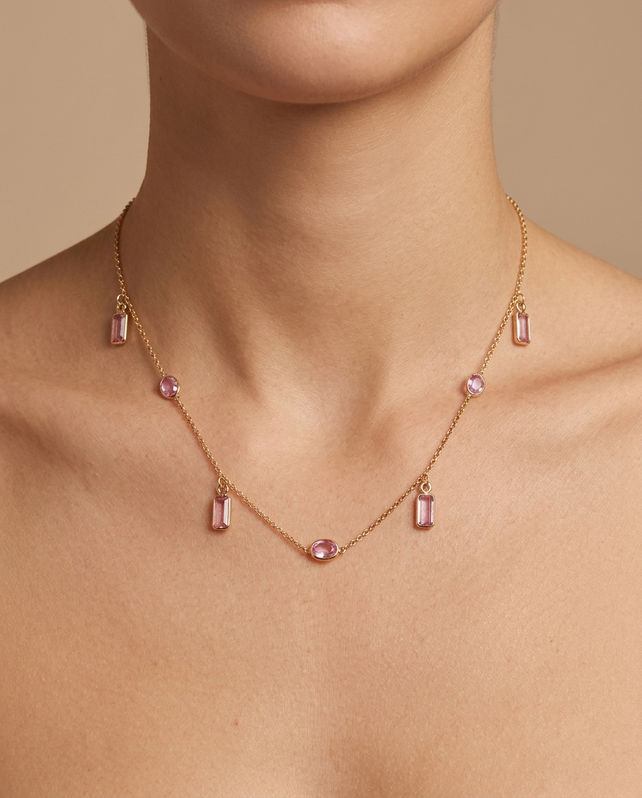 18KT Gold Bezeled Multi-Stone Necklace on model