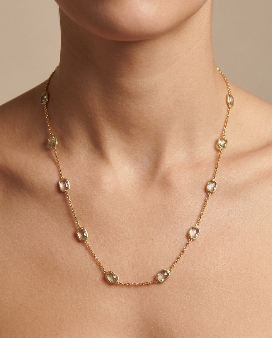18KT Gold Bezeled Sapphire Necklace on model