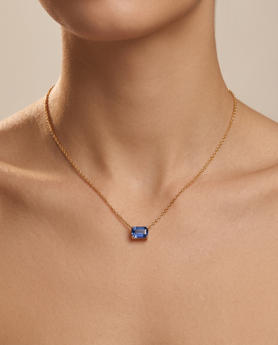 14KT Gold Blue Sapphire Pandent on model